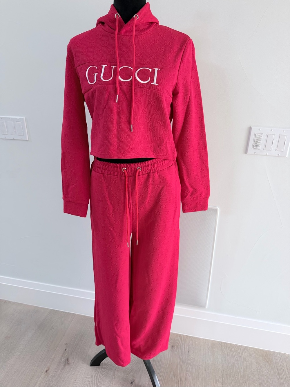Red Cropped Hoodie with Wide-Leg Pants Set Tracksuit size L
